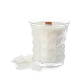 Aromatic soy candle with wooden wick isolated on white