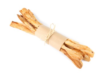 Photo of Delicious grissini isolated on white, top view. Crusty breadsticks