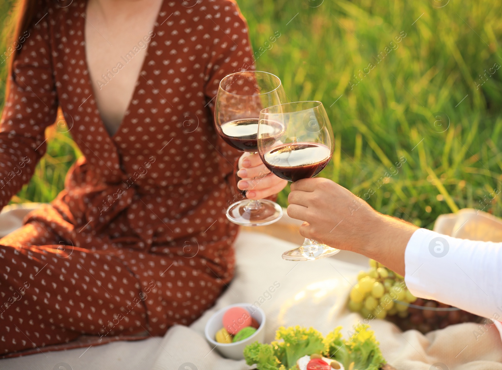 Photo of Young couple with wine having picnic in green park, closeup