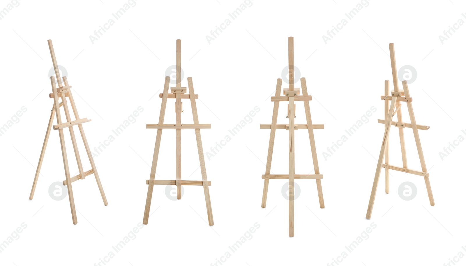 Image of Set with wooden easels on white background. Banner design