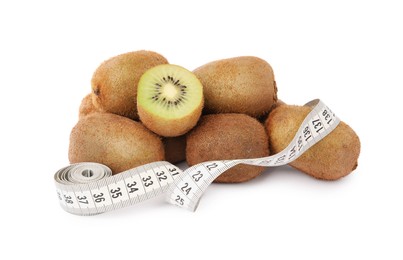 Photo of Healthy diet. Many fresh kiwis and measuring tape isolated on white