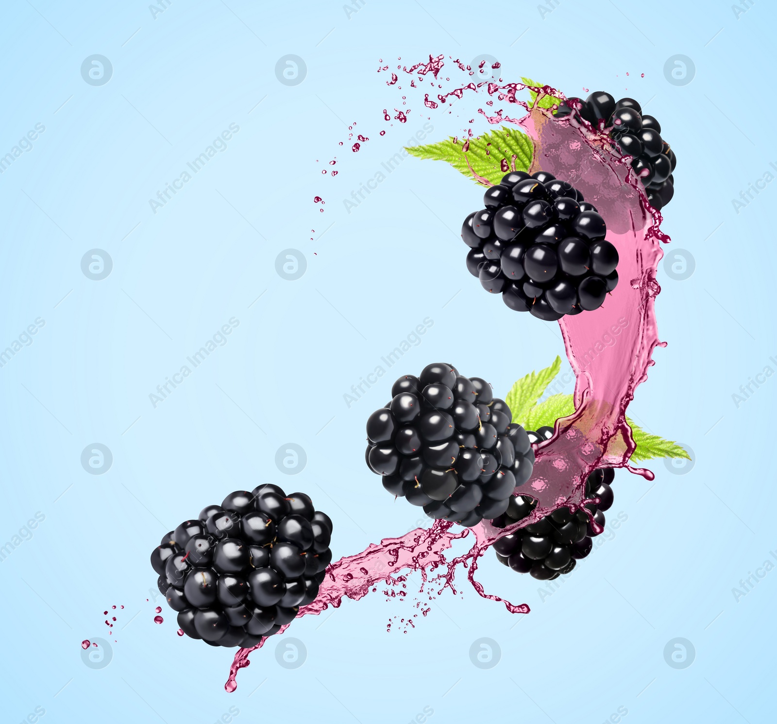 Image of Fresh blackberries and juice in air on light blue background