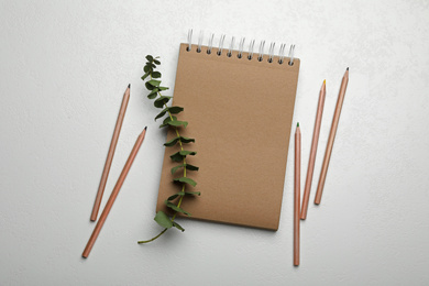 Photo of Kraft notebook, coloured pencils and branch on light table, flat lay