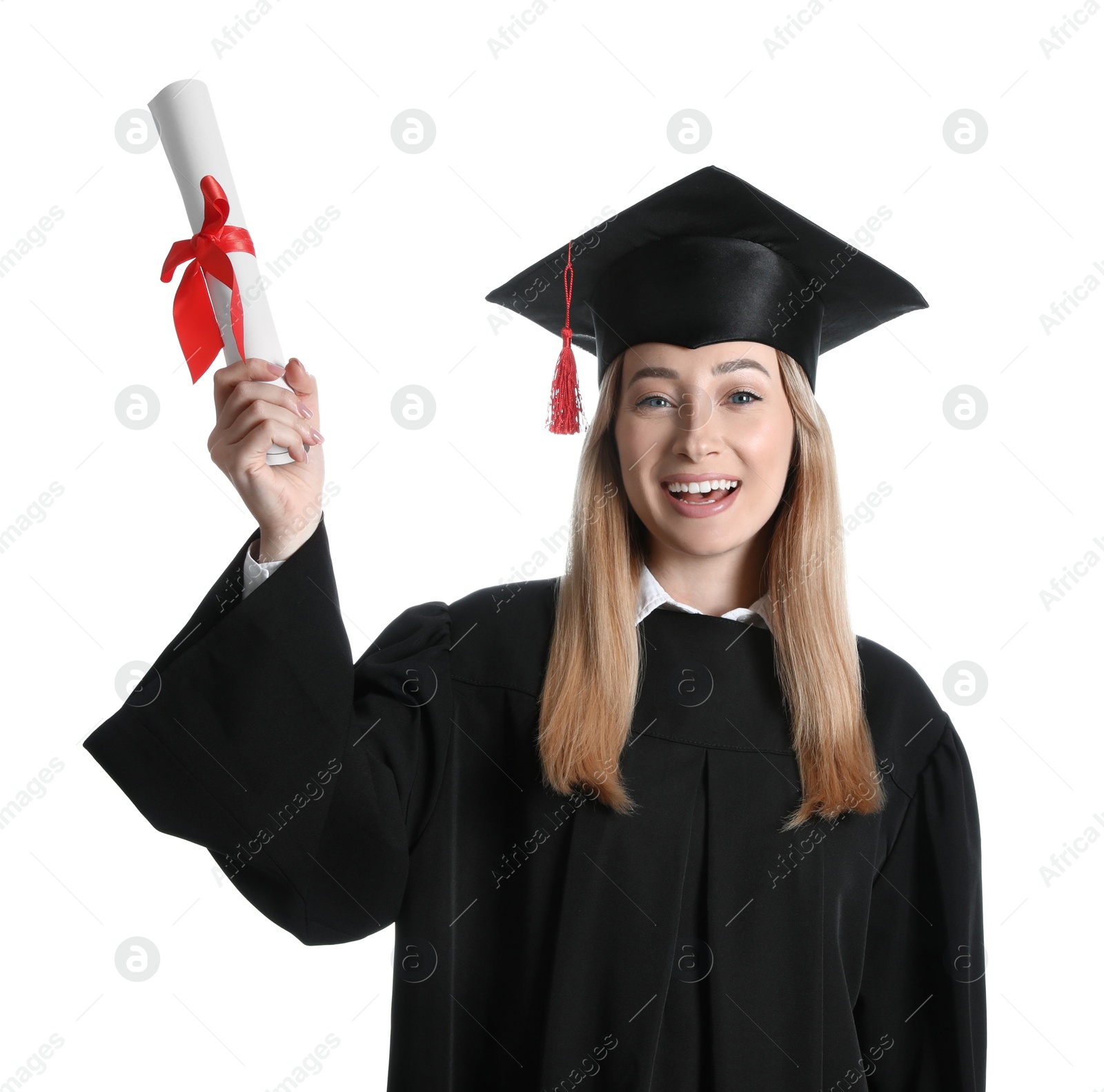 Photo of Happy student with diploma on white background