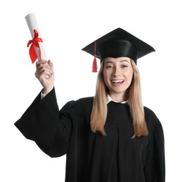 Photo of Happy student with diploma on white background