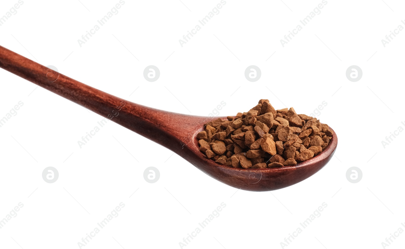 Photo of Wooden spoon with aromatic instant coffee isolated on white