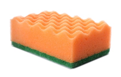 Orange cleaning sponge with abrasive green scourer isolated on white