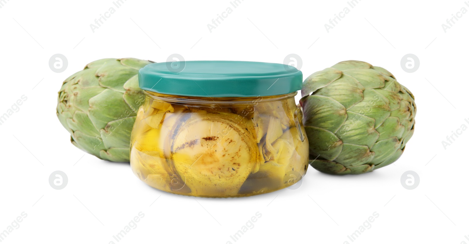 Photo of Jar of delicious artichokes pickled in olive oil and fresh vegetables on white background