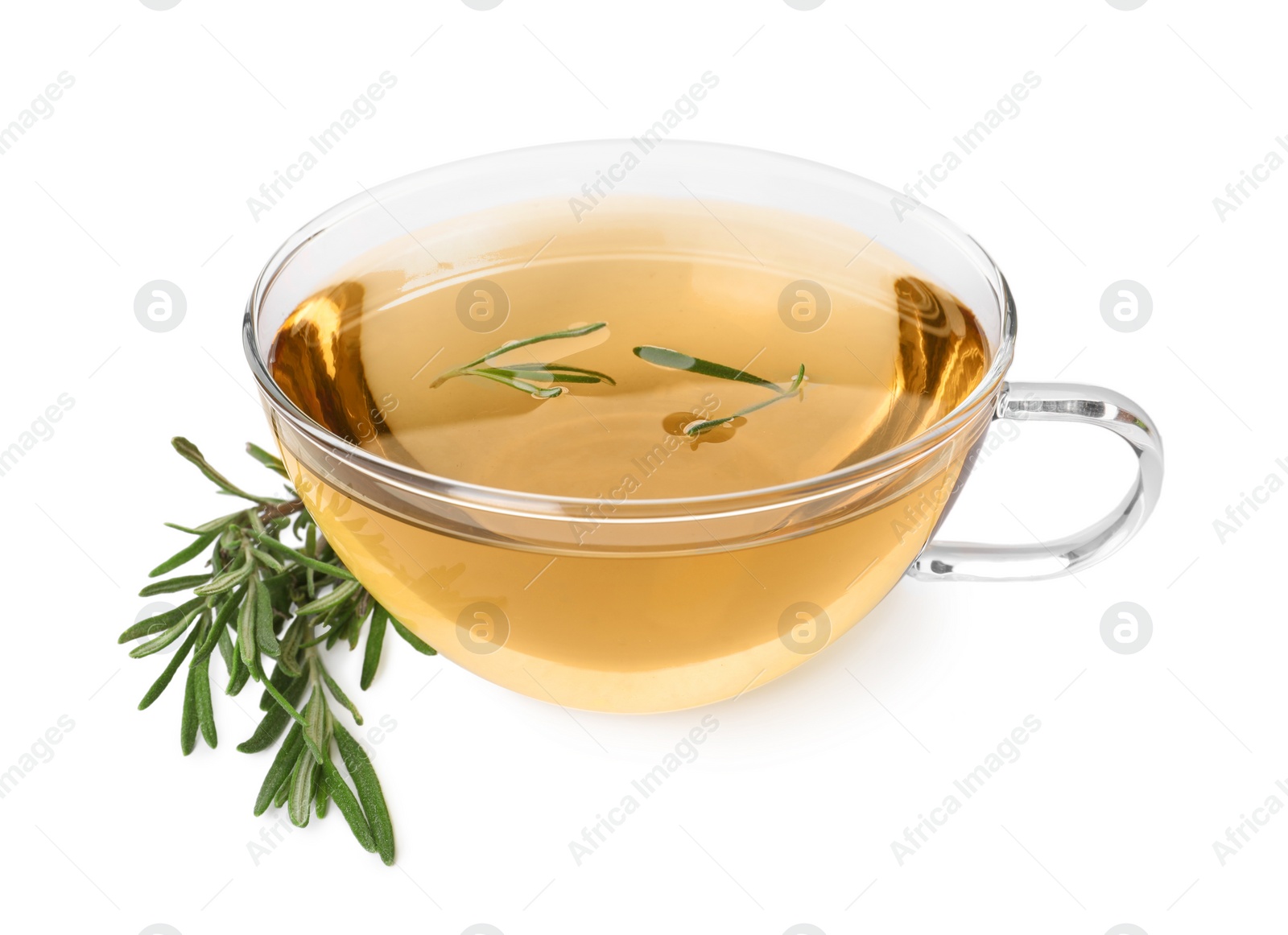 Photo of Cup of aromatic herbal tea and fresh rosemary isolated on white