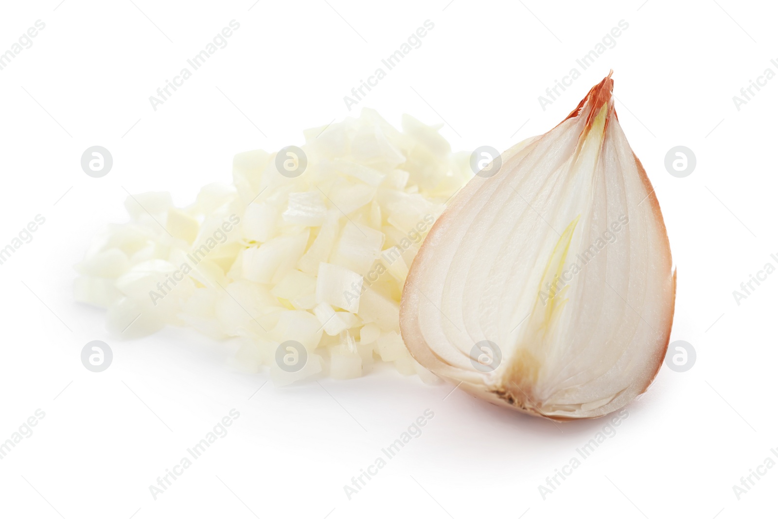 Photo of Cut fresh ripe onion on white background