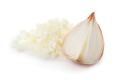 Photo of Cut fresh ripe onion on white background