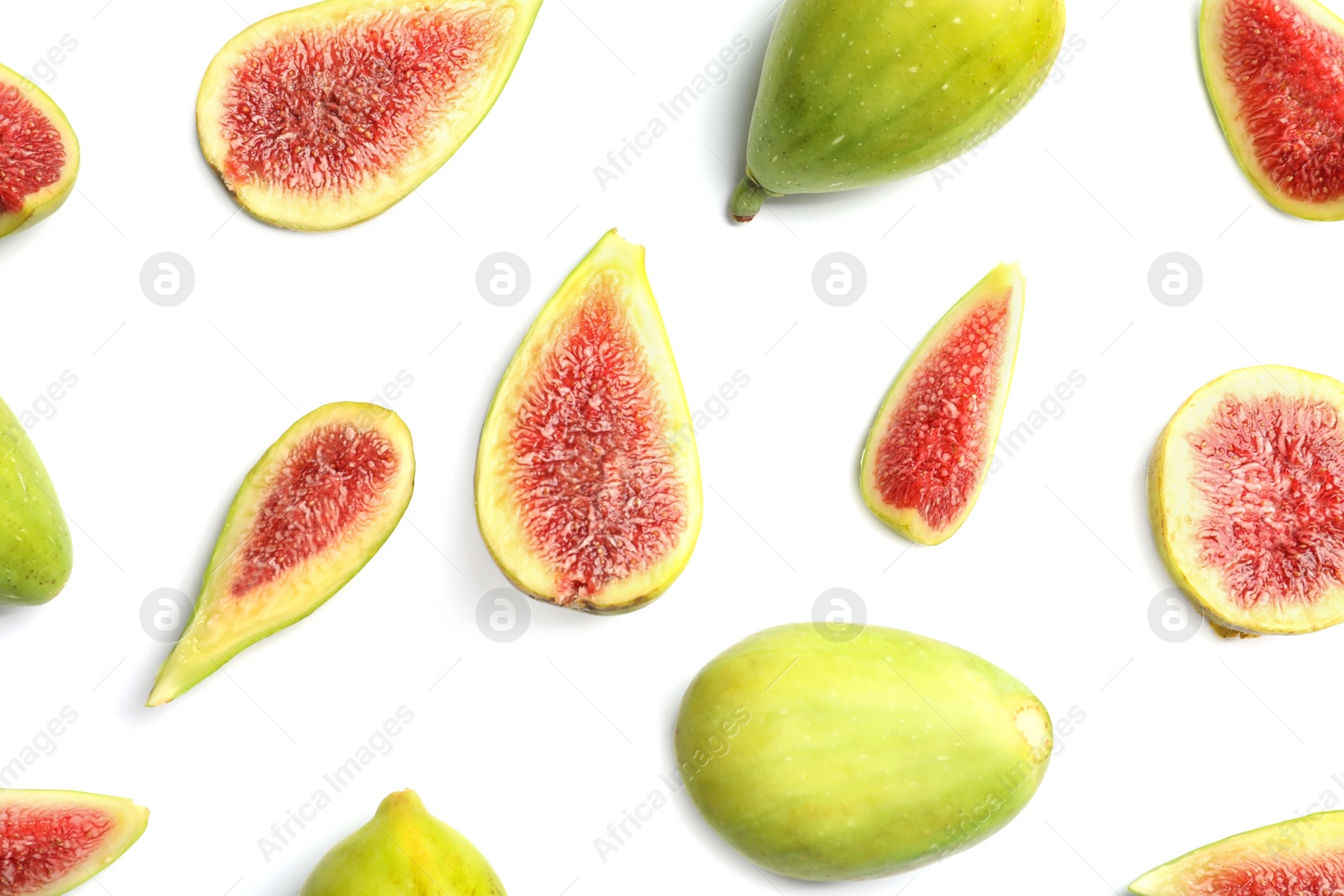 Photo of Fresh ripe figs on white background, top view