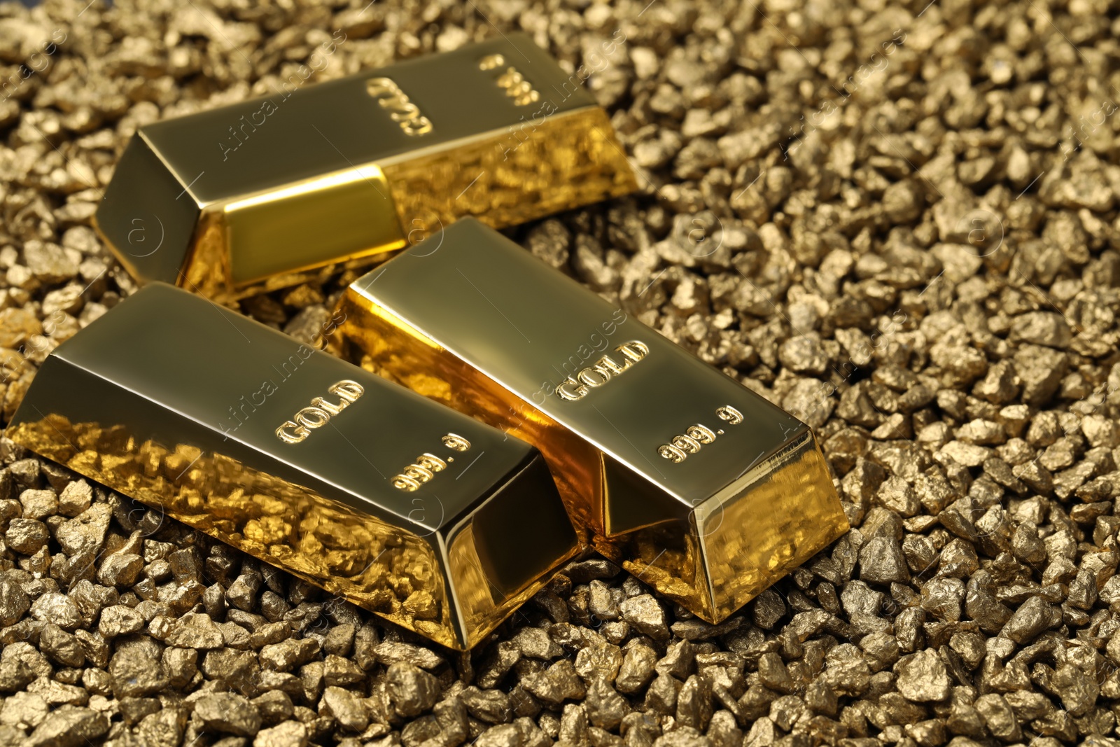 Photo of Many gold ingots on nuggets, closeup view