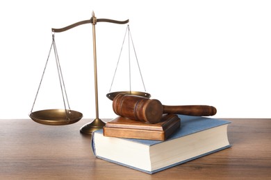 Photo of Law concept. Gavel, scales of justice and book on wooden table against white background