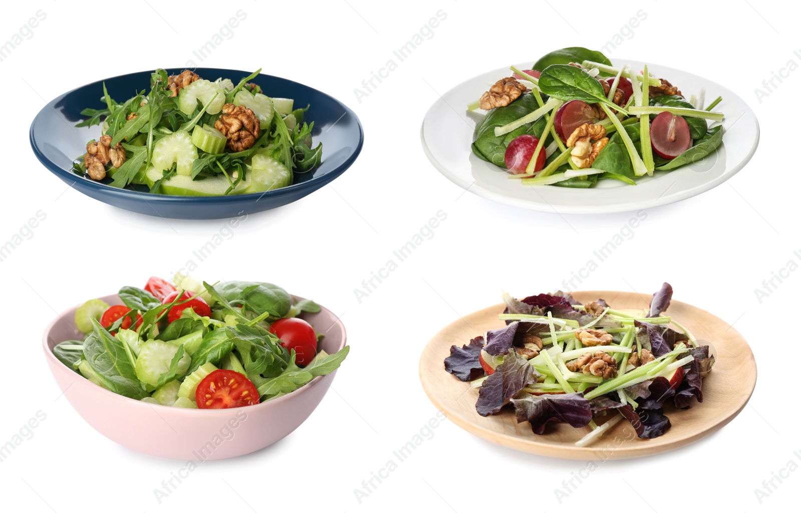 Image of Set with different delicious celery salads on white background 