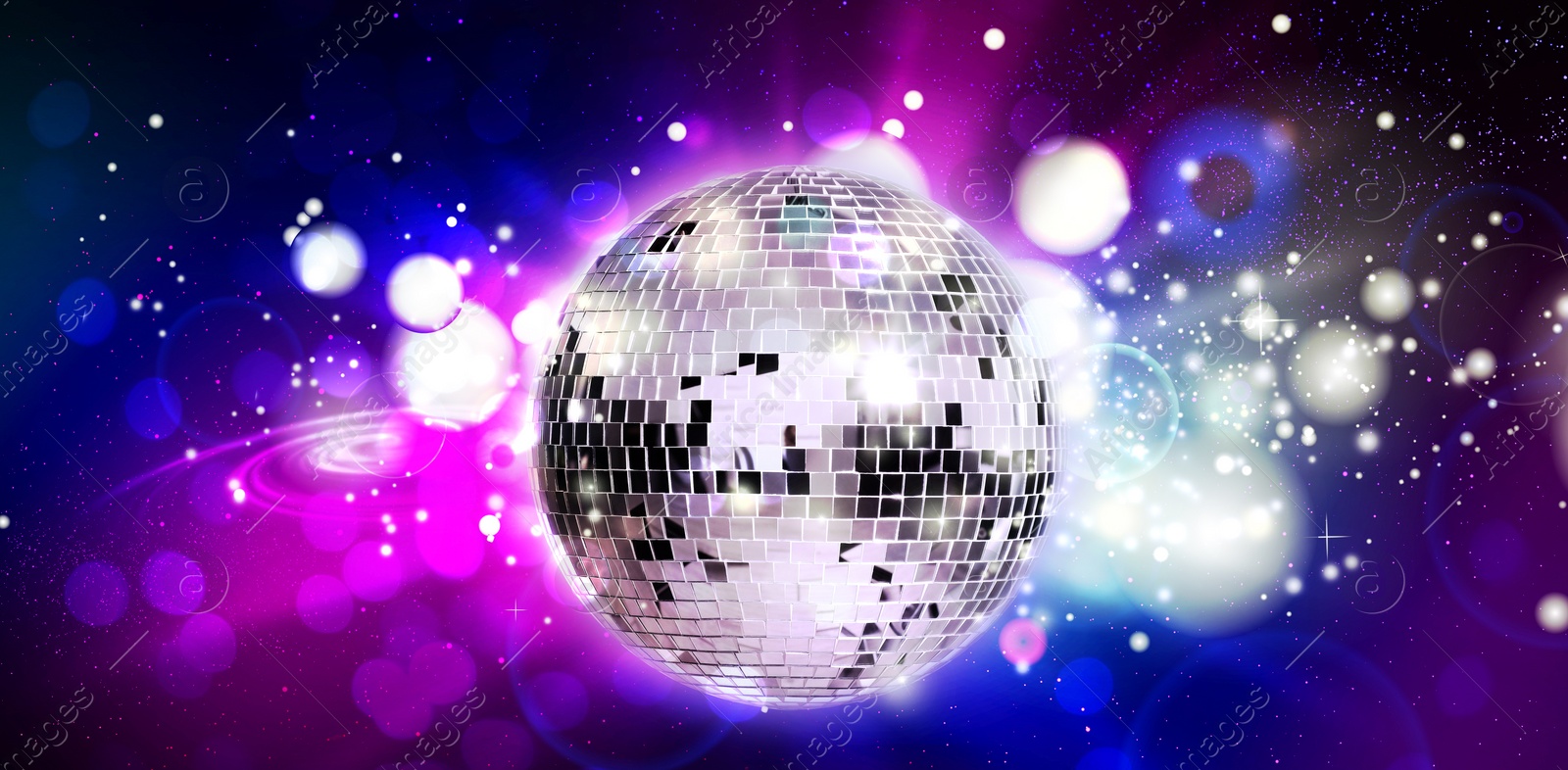Image of Shiny disco ball against color starry background with blurred lights, banner design. Bokeh effect