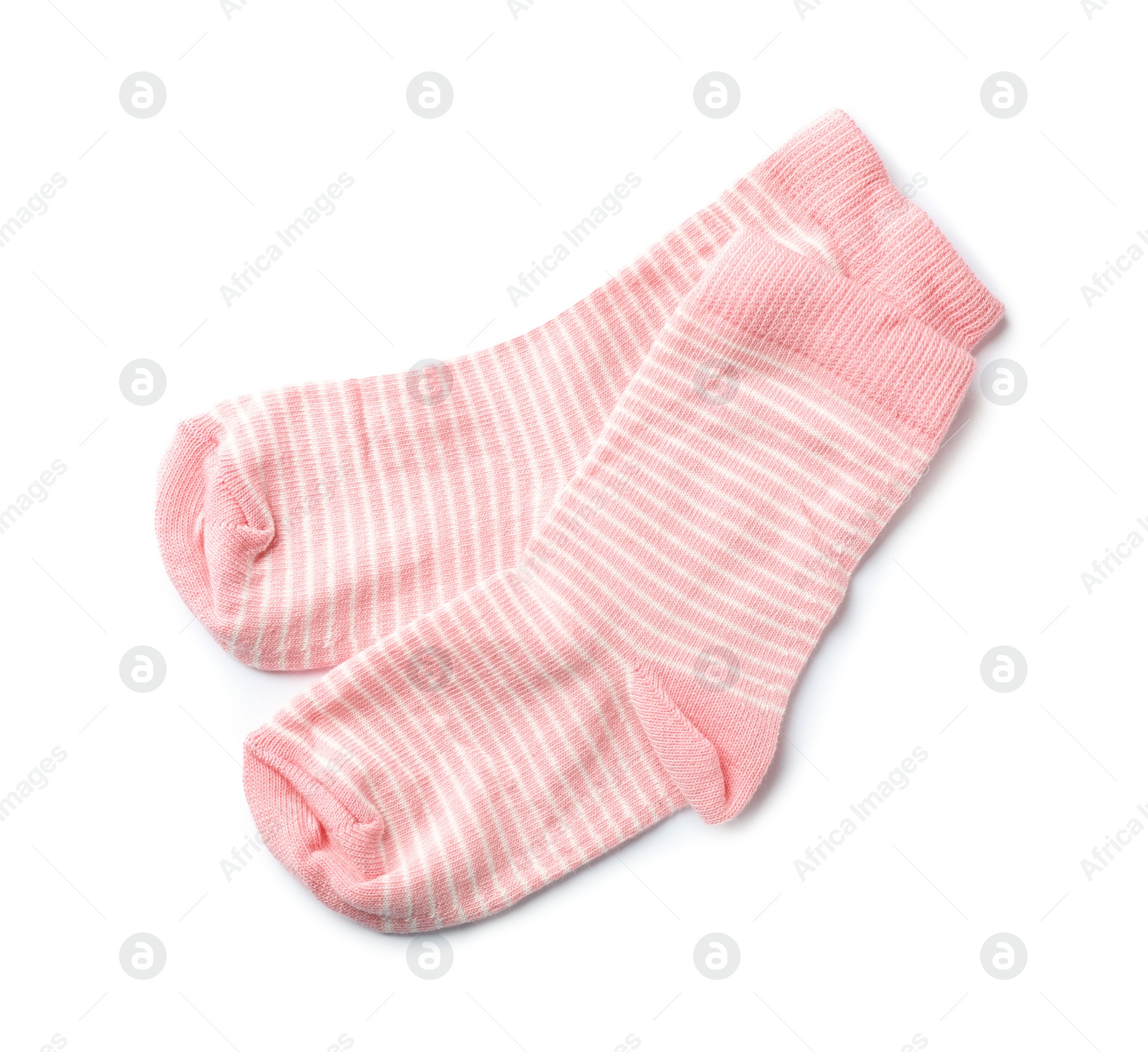 Photo of Cute child socks on white background, top view