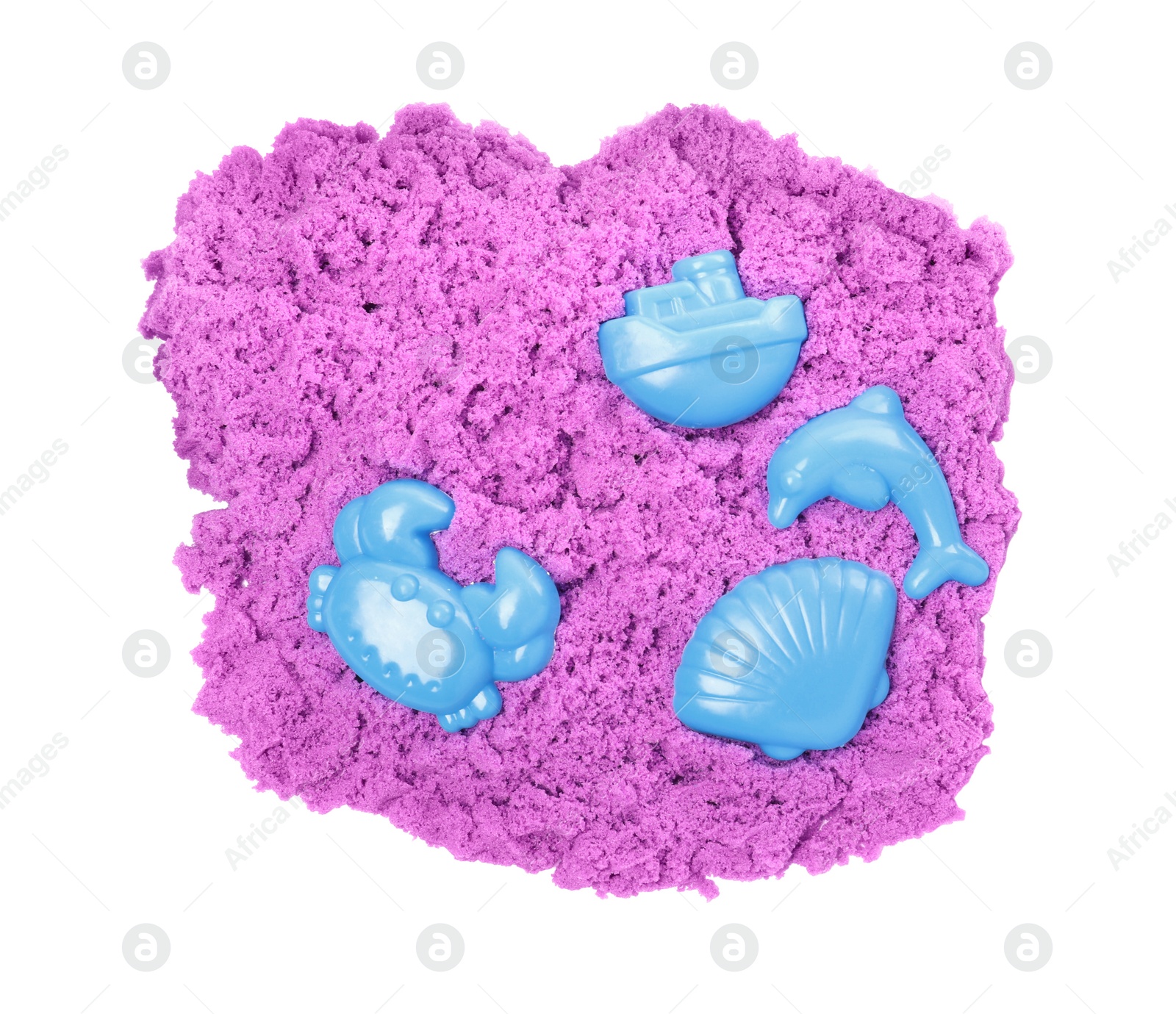 Photo of Violet kinetic sand and toys on white background, top view