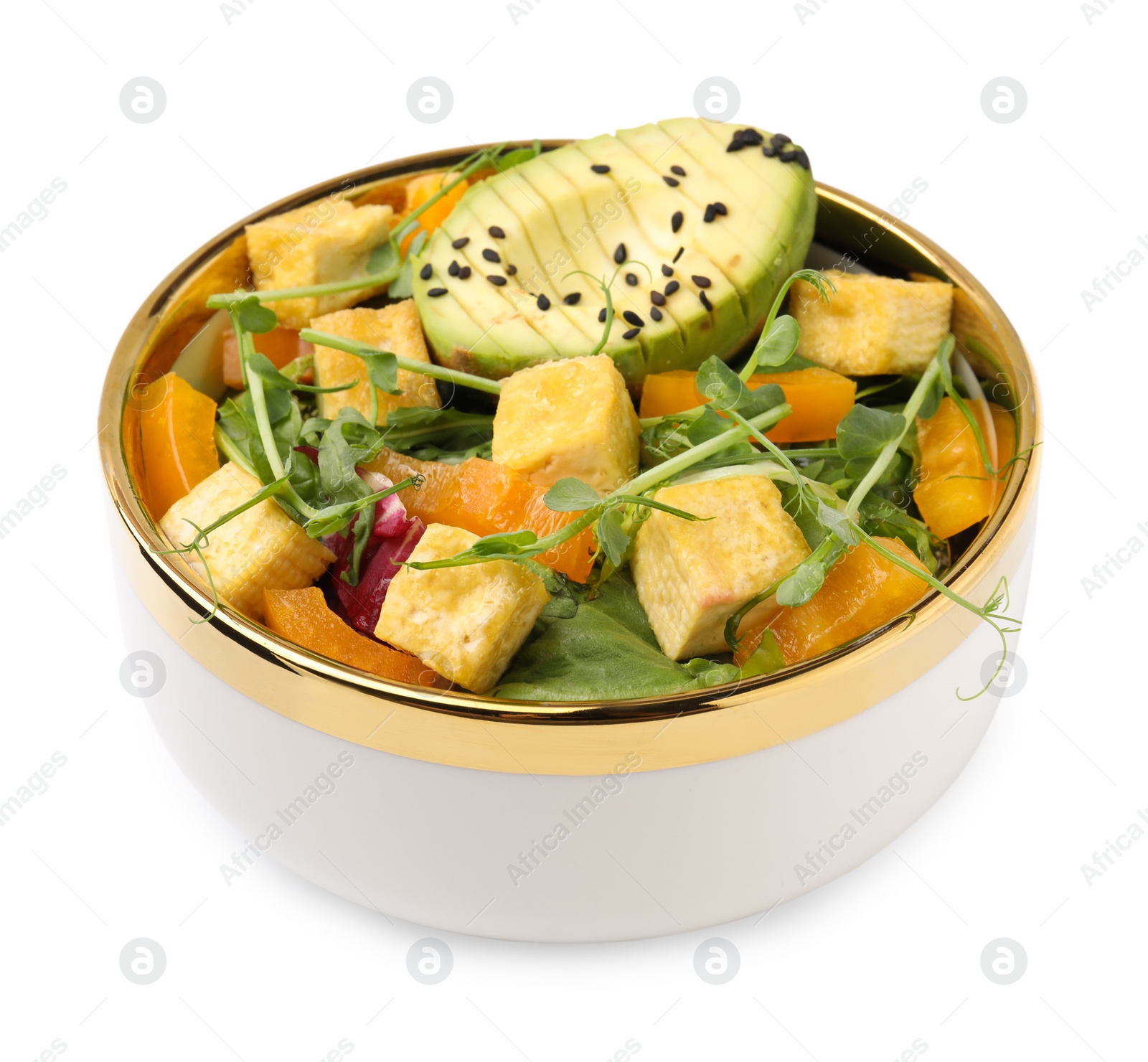 Photo of Delicious salad with tofu and vegetables in bowl isolated on white