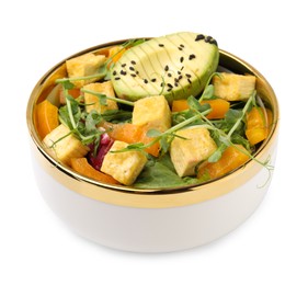 Delicious salad with tofu and vegetables in bowl isolated on white