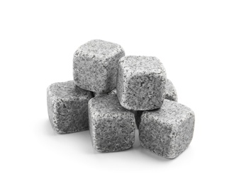 Photo of Classic grey whiskey stones on white background