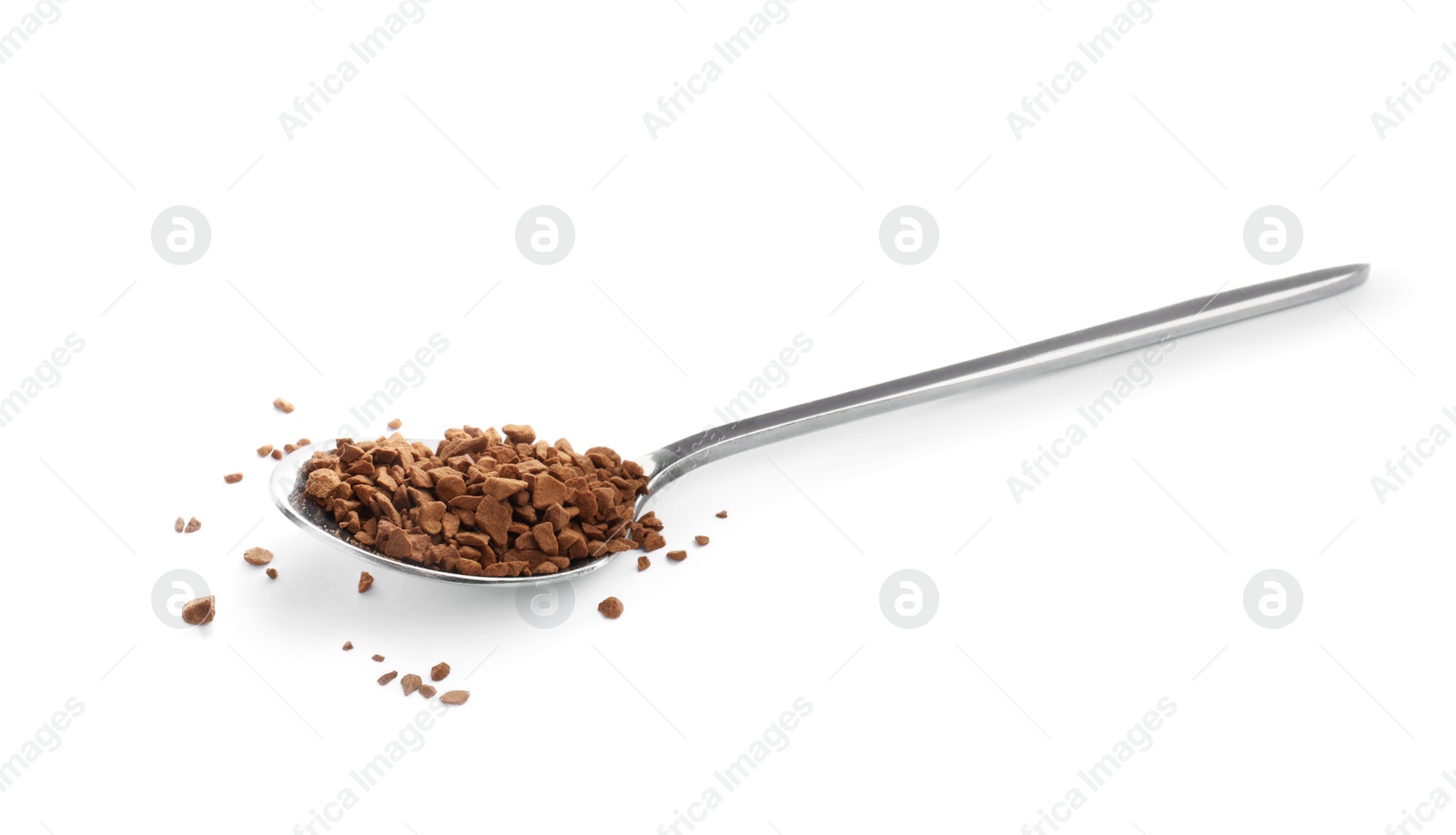 Photo of Spoon with aromatic instant coffee isolated on white