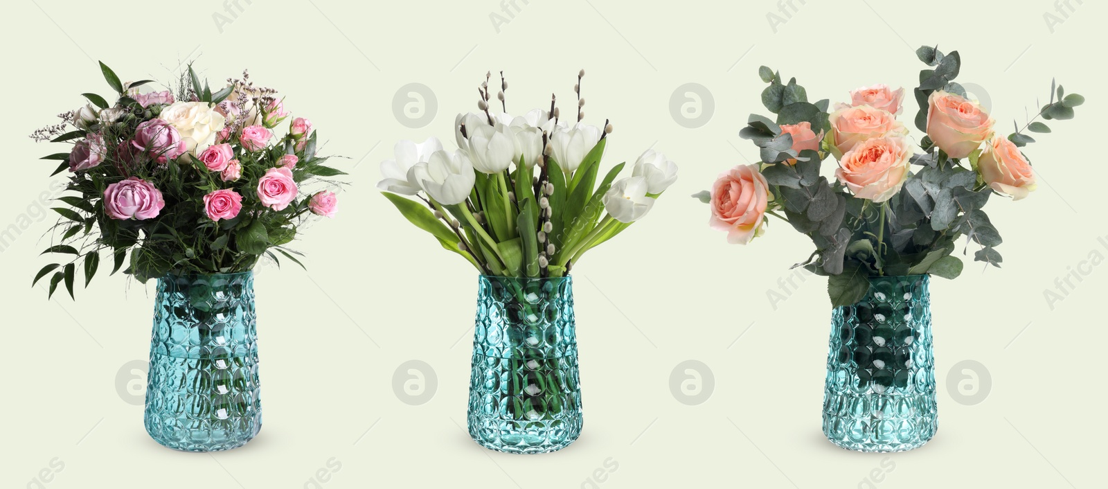 Image of Collage of stylish vase with different bouquets on light background. Banner design