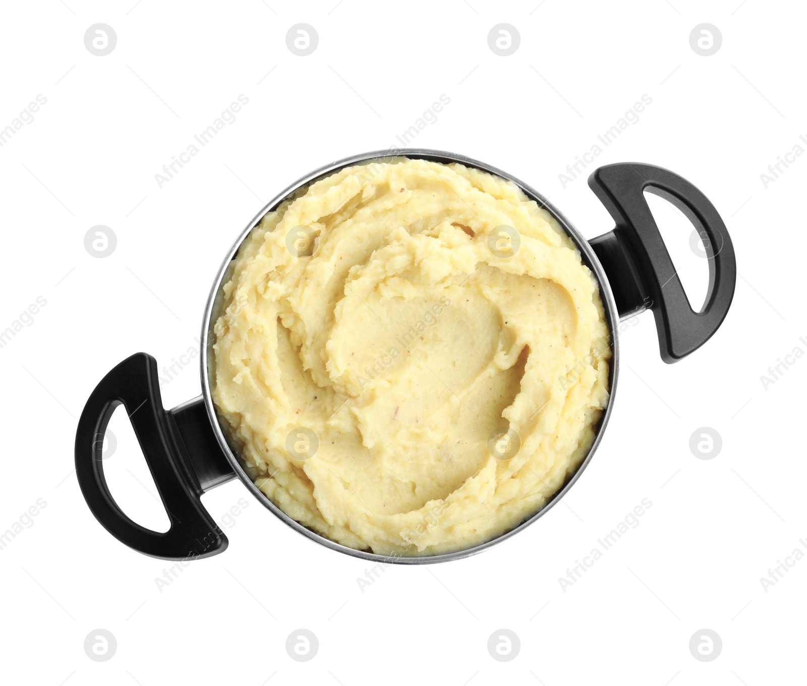 Photo of Pot with tasty mashed potatoes isolated on white, top view