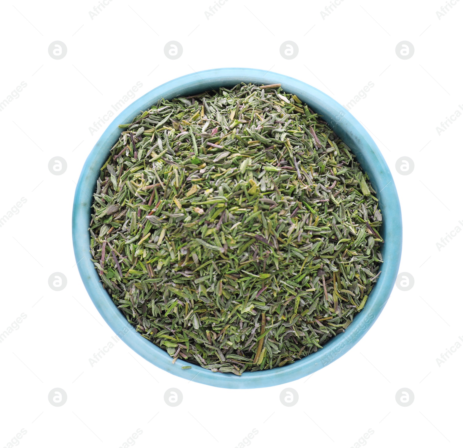 Photo of Bowl of dried thyme isolated on white, top view