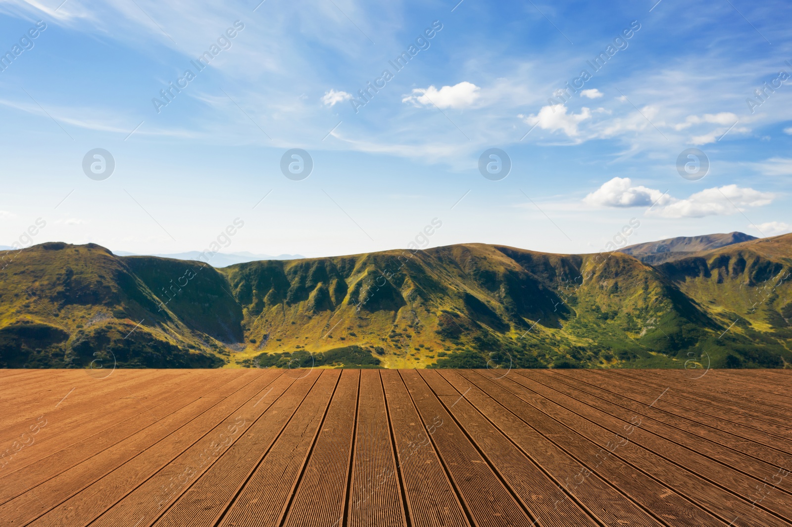 Image of Empty wooden surface and beautiful view of mountain landscape