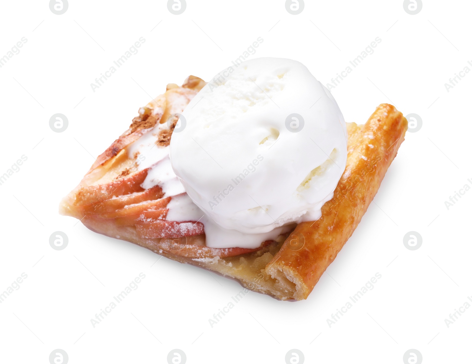 Photo of Piece of freshly baked apple pie with ice cream isolated on white
