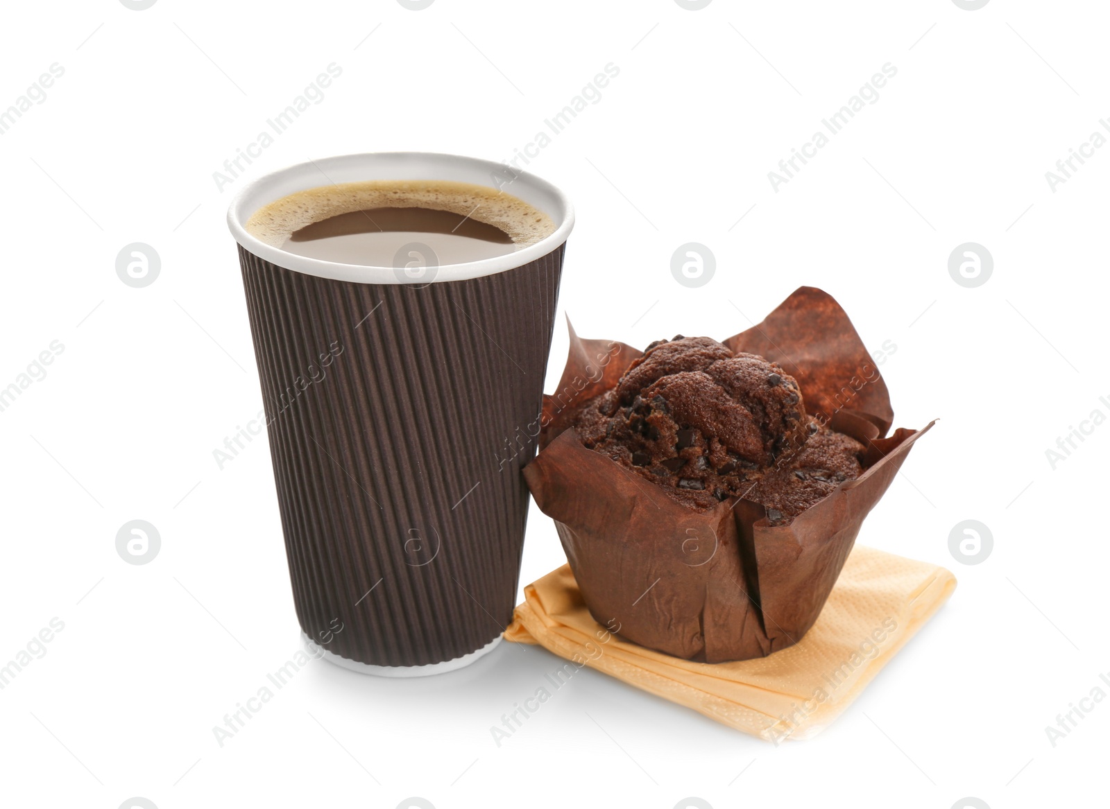 Photo of Aromatic coffee in takeaway paper cup and tasty muffin on white background