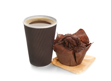 Aromatic coffee in takeaway paper cup and tasty muffin on white background