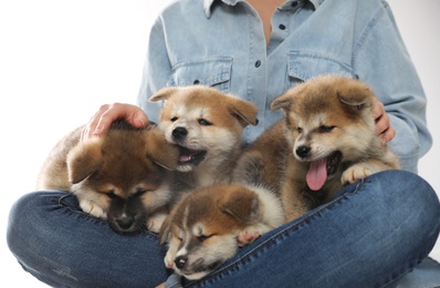 Photo of Woman with Akita Inu puppies sitting against light background, closeup