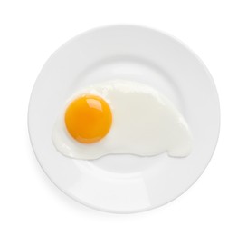 Photo of Plate with tasty fried egg isolated on white, top view