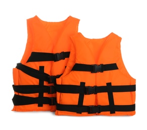 Orange life jackets isolated on white. Personal flotation device