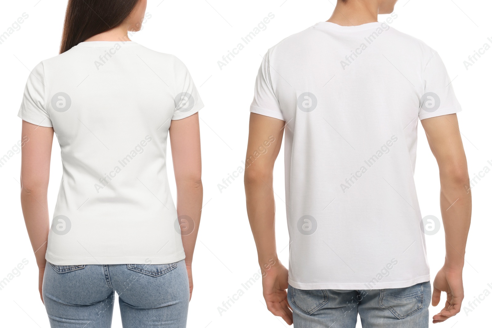 Image of People wearing casual t-shirts on white background, back view. Mockup for design