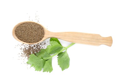 Photo of Spoon of celery seeds and fresh plant isolated on white, top view