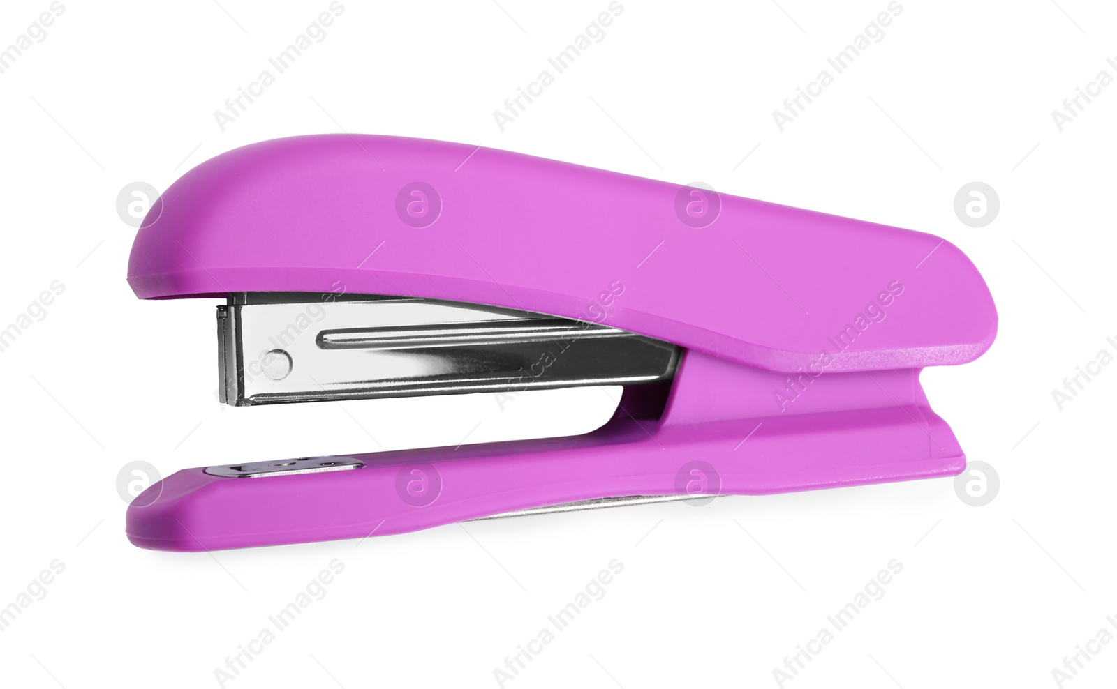 Photo of One purple stapler isolated on white, top view