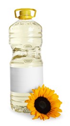 Sunflower cooking oil and yellow flower on white background