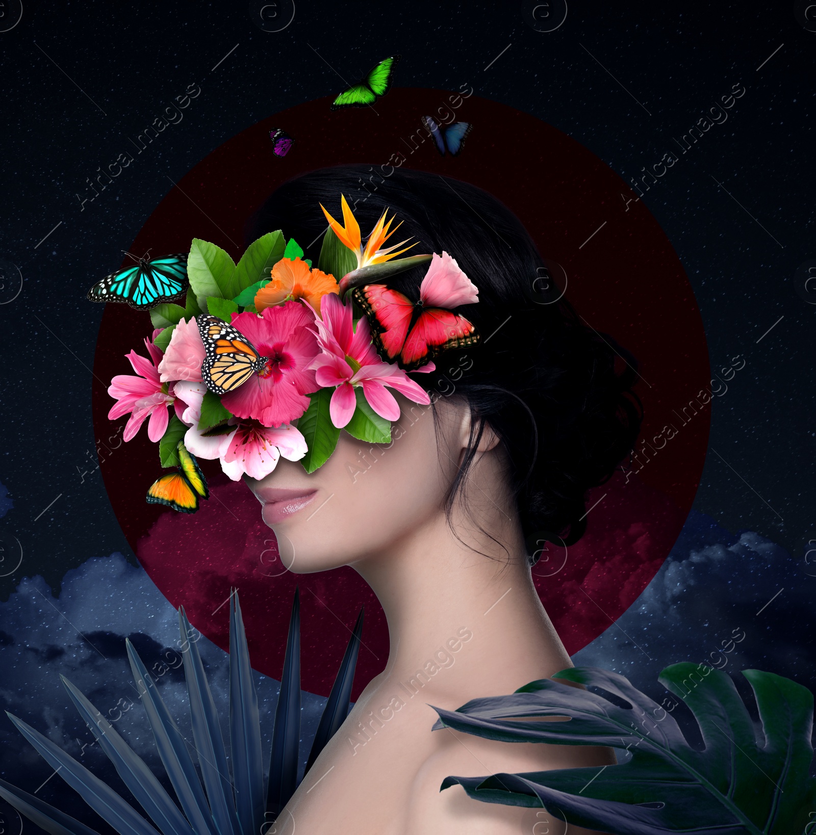 Image of Young woman with beautiful flowers and butterflies against dark cloudy sky. Stylish creative collage design