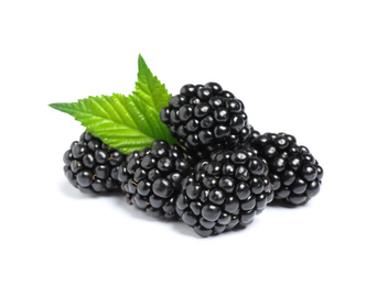 Delicious fresh ripe blackberries with leaves isolated  on white