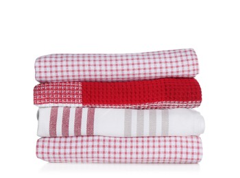 Photo of Stack of different kitchen towels on white background