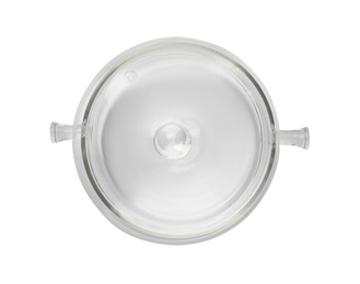 Photo of One glass pot with lid isolated on white, top view