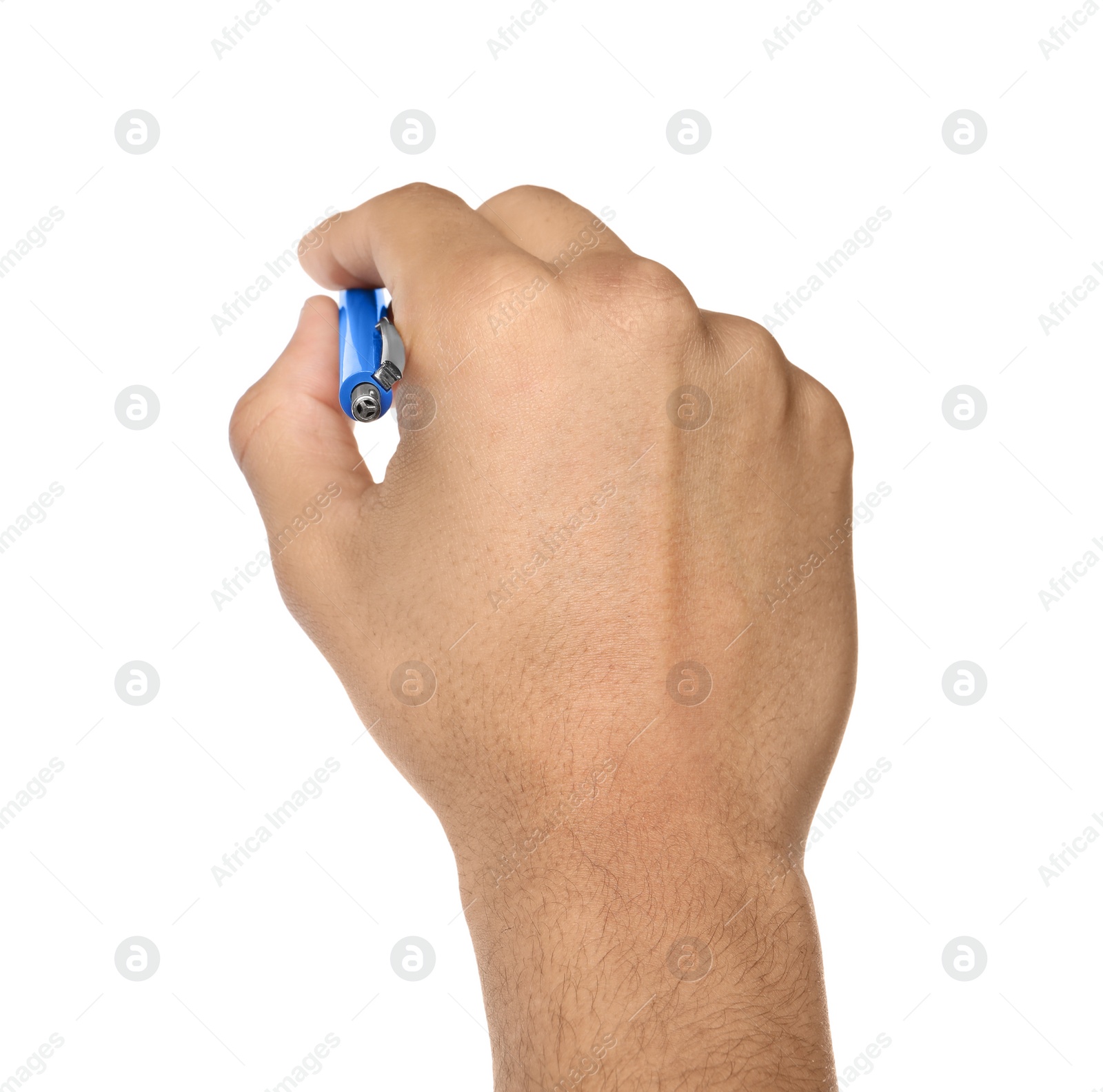 Photo of Man holding pen on white background, closeup of hand