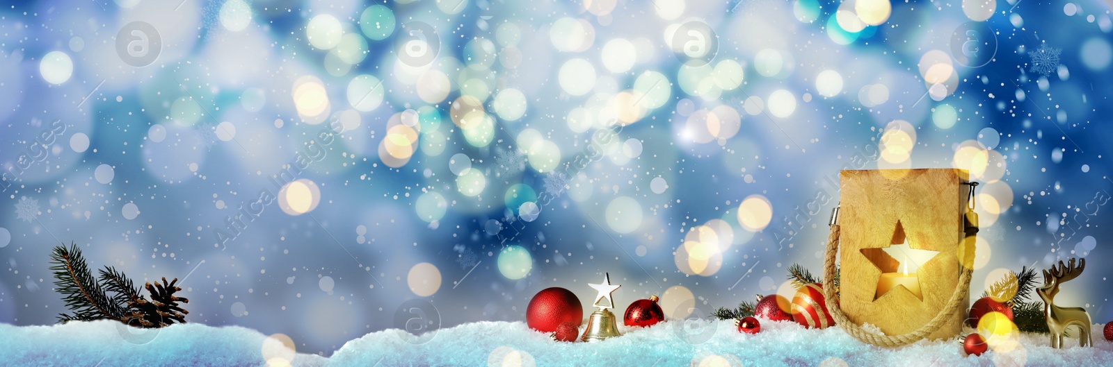 Image of Composition with wooden Christmas lantern on snow against color background, banner design. Bokeh effect