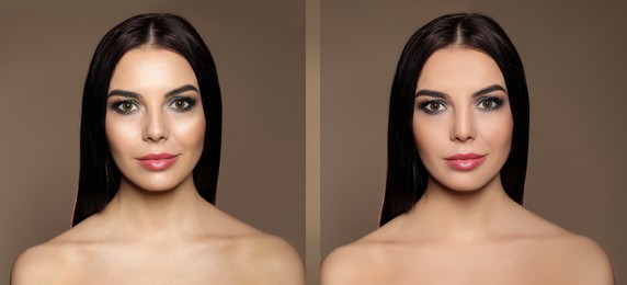Image of Collage with photos of beautiful young woman before and after using mattifying wipes on brown background. Banner design