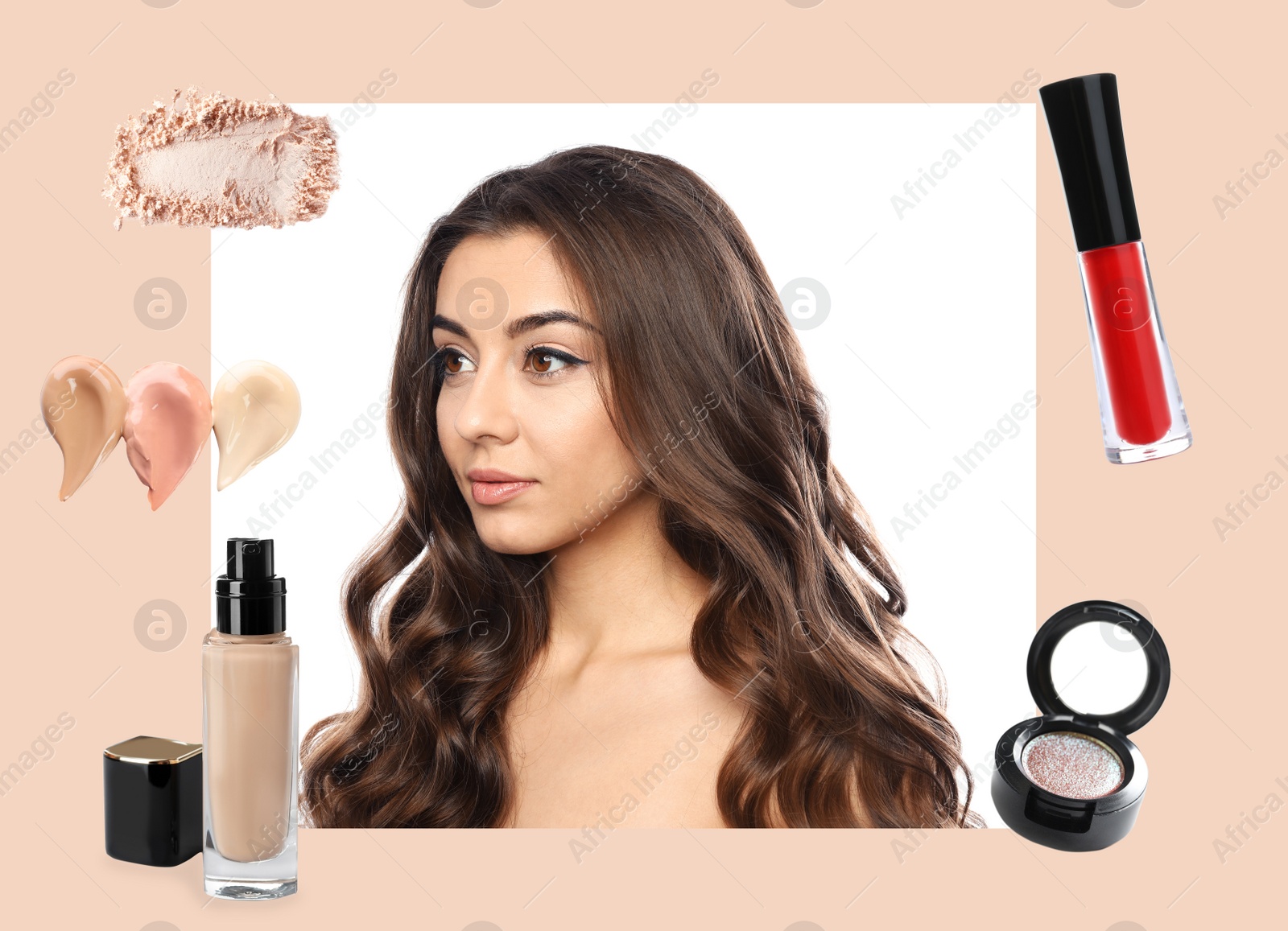 Image of Beautiful woman and professional cosmetic products on color background. Makeup artist