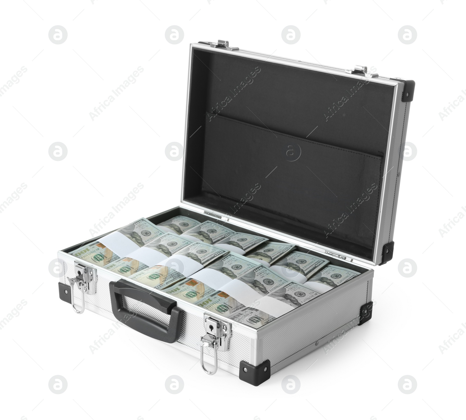 Photo of Open hard case full of money on white background