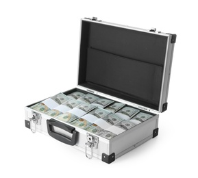 Photo of Open hard case full of money on white background